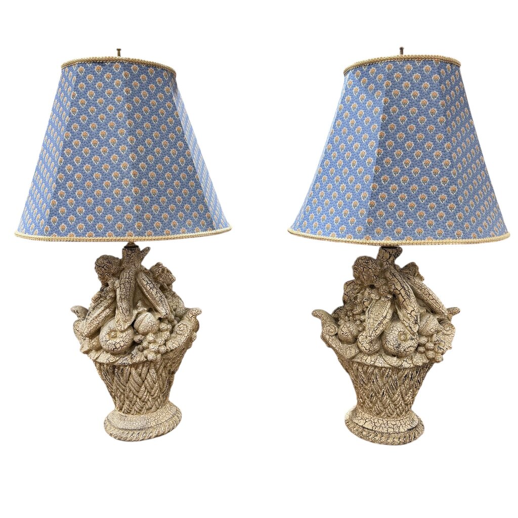 Pair of Italian Fruit Basket Lamps w/ Designer Pale Blue Shades 34" tall