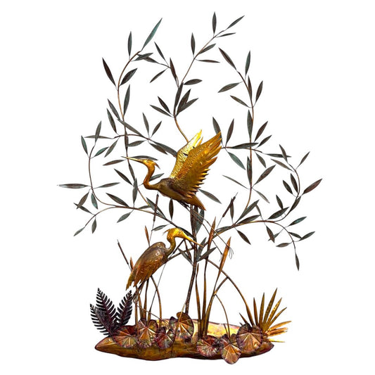 Custom Copper Wall Art by: Florida Artist Bill Squires Crane Birds in Lake w/ Bamboo 48"Wx67"H