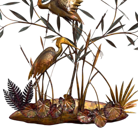 Custom Copper Wall Art by: Florida Artist Bill Squires Crane Birds in Lake w/ Bamboo 48"Wx67"H