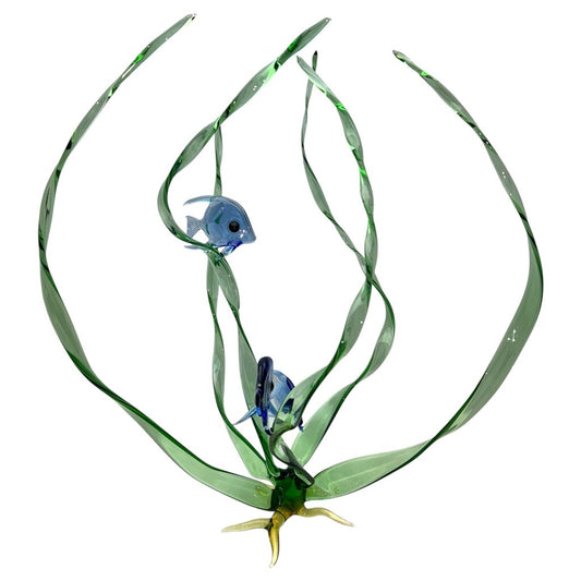 "Seagrass Trio" Three Cobalt Blue Fish in a Spiral Seagrass 16" tall w/ Yellow Base