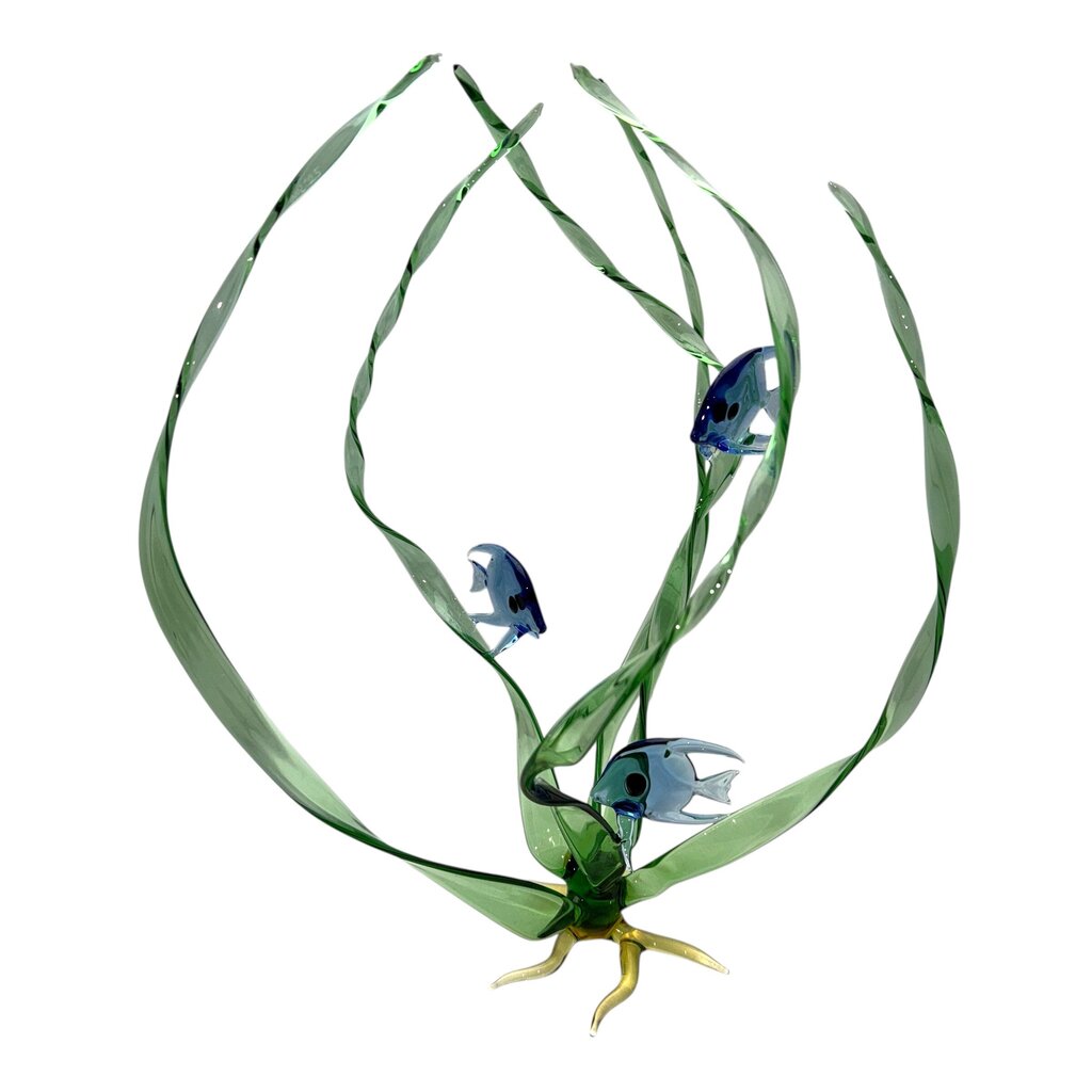 "Seagrass Trio" Three Cobalt Blue Fish in a Spiral Seagrass 16" tall w/ Yellow Base