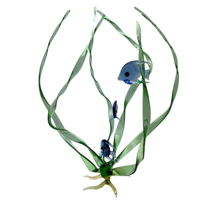 "Seagrass Trio" Three Cobalt Blue Fish in a Spiral Seagrass 16" tall w/ Yellow Base