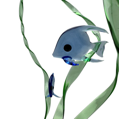 "Seagrass Trio" Three Cobalt Blue Fish in a Spiral Seagrass 16" tall w/ Yellow Base