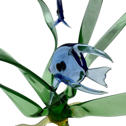 "Seagrass Trio" Three Cobalt Blue Fish in a Spiral Seagrass 16" tall w/ Yellow Base