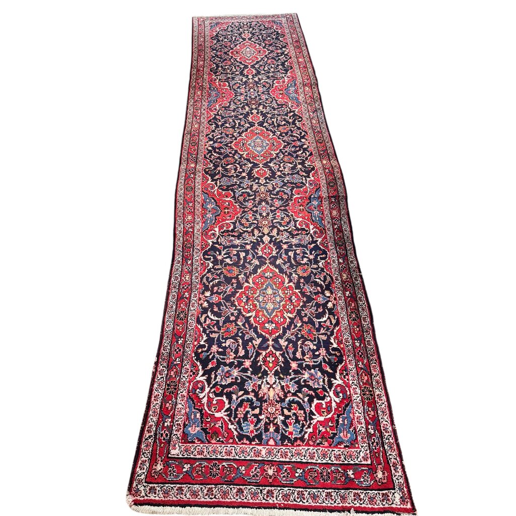 Vintage Hand Knotted Iranian Hamedan Red Wool Runner 15'2" x 3'5"