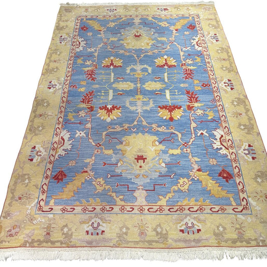 Hand Knotted Soumak Luxury Wool Rug Provincial Blue/Golden Yellow Reversible 9'6"Lx6'2"W