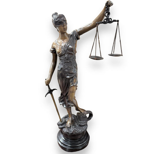 "Lady Justice" also Greek Goddess Themis of Earth & Law Bronze Statue on Marble Pedestal Sword & Scales 15Wx30H