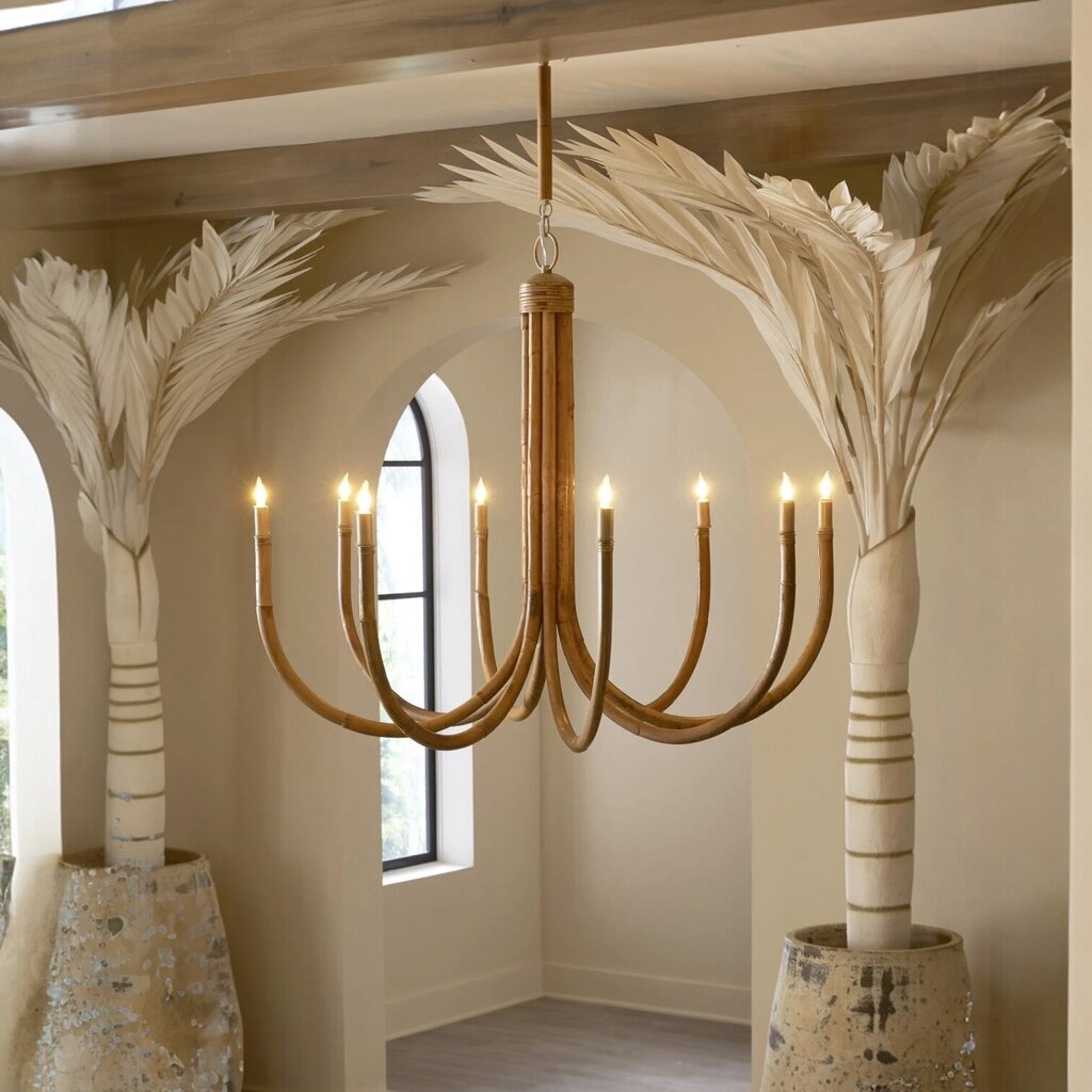 Currey & Company Samsara 8 Light Natural Bamboo Rattan Wrought Iron Chandelier 36"h x 42.5"dia.