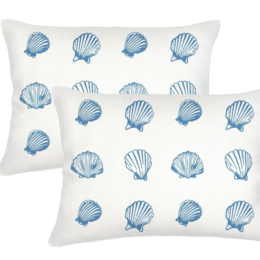 Blue Saltwater Shell Printed Linen Cover w/ Down Pillow14x20 PAIR