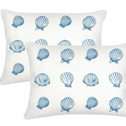 Blue Saltwater Shell Printed Linen Cover w/ Down Pillow14x20 PAIR