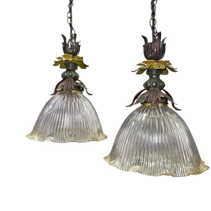 Pair of Italian Metal & Glass Pendant Lights