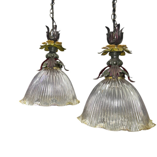 Pair of Italian Metal & Glass Pendant Lights