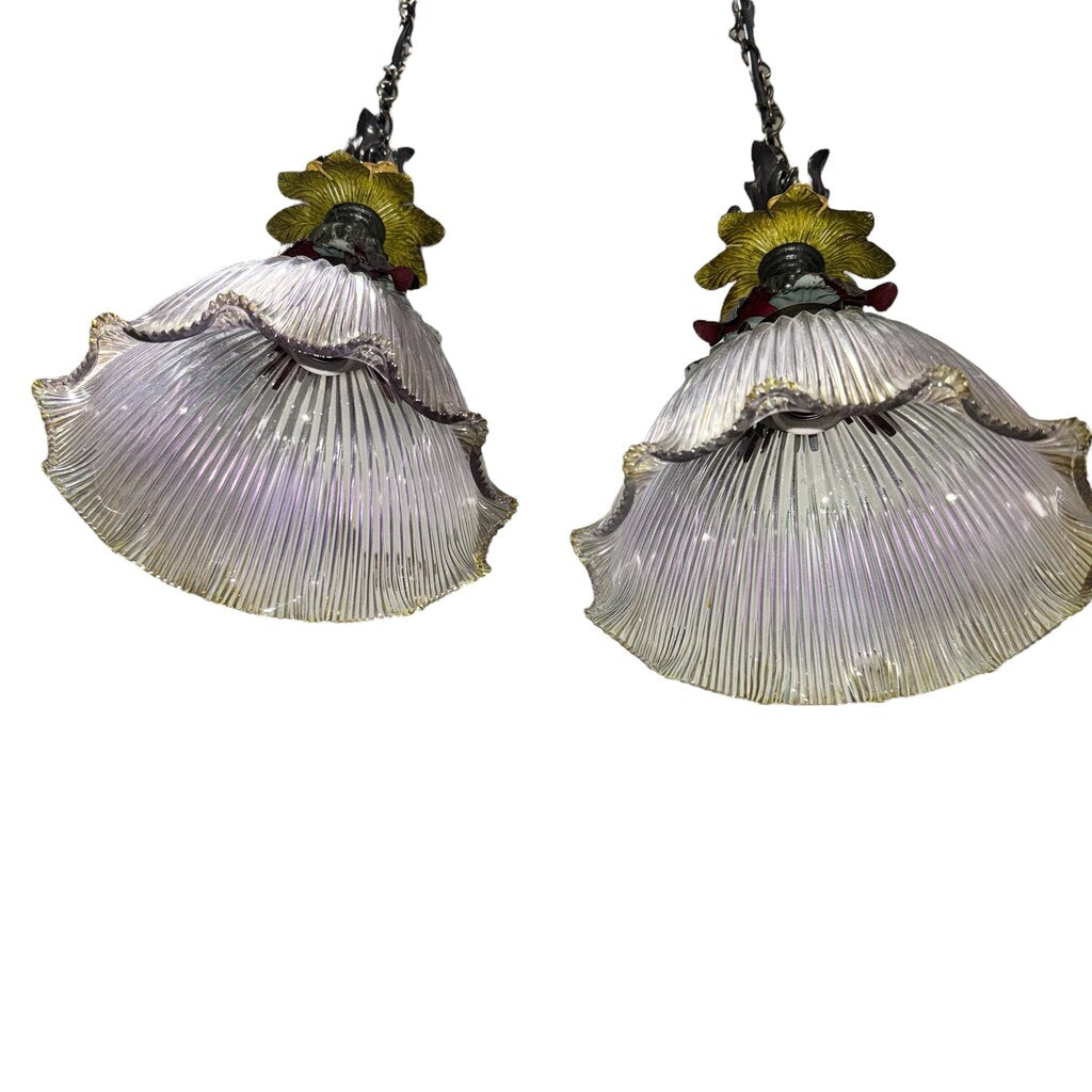 Pair of Italian Metal & Glass Pendant Lights