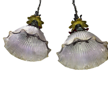 Pair of Italian Metal & Glass Pendant Lights