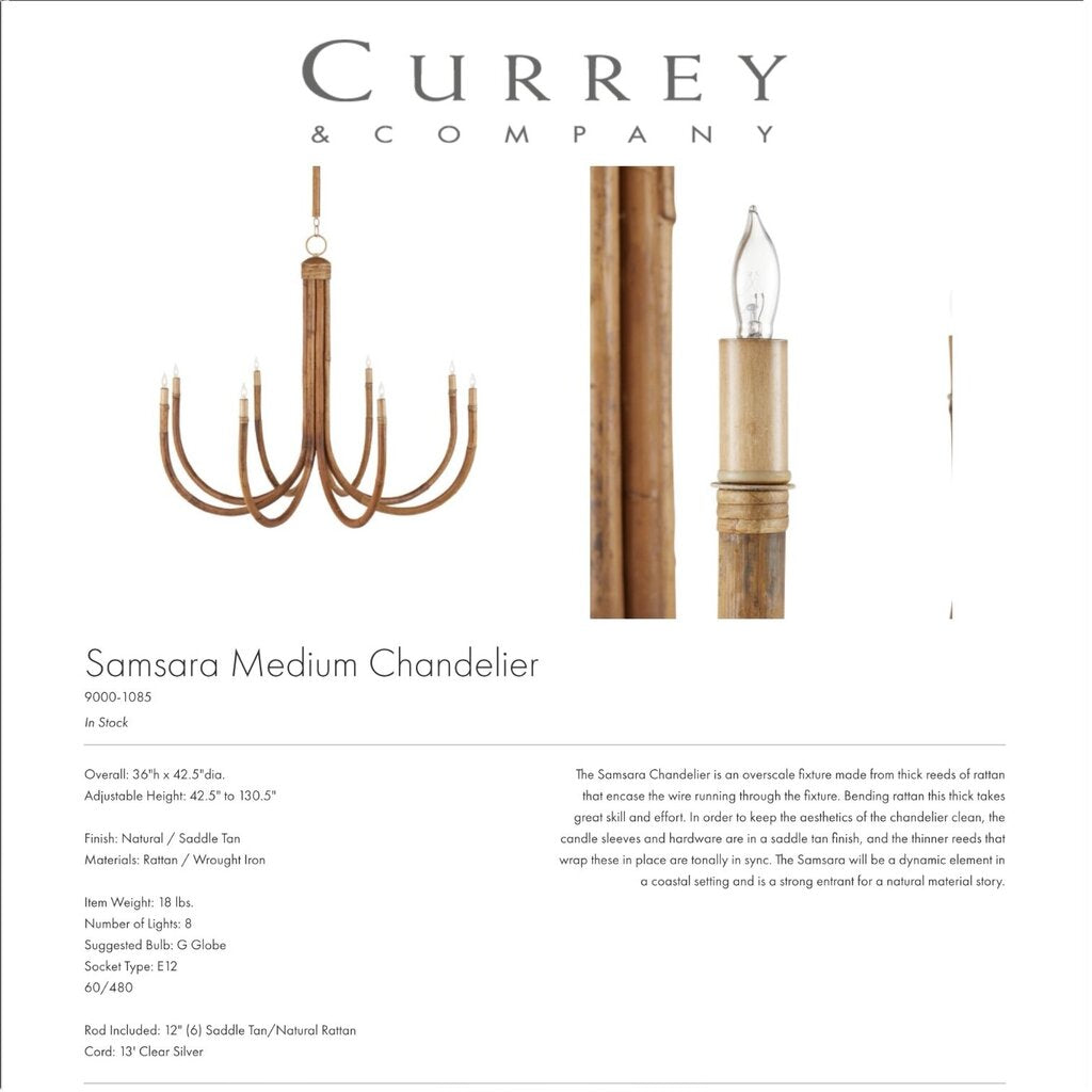 Currey & Company Samsara 8 Light Natural Bamboo Rattan Wrought Iron Chandelier 36"h x 42.5"dia.