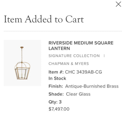 Visual Comfort Chapman & Myers Riverside Medium Square Antique Burnished Brass Lantern Chandelier (Sold as SET OF 3) NEW w/o Glass