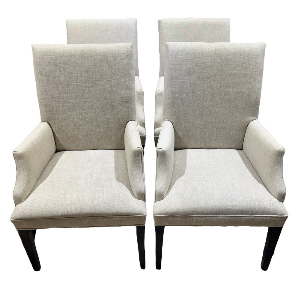 4 Restoration Hardware Hudson Parsons Fabric Dining Arm Chairs Color Dune Performance Textured Two-Tone Linen Fabric Brown Oak Drifted Finish