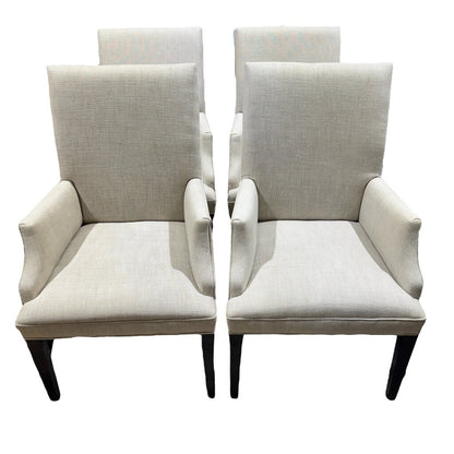 4 Restoration Hardware Hudson Parsons Fabric Dining Arm Chairs Color Dune Performance Textured Two-Tone Linen Fabric Brown Oak Drifted Finish