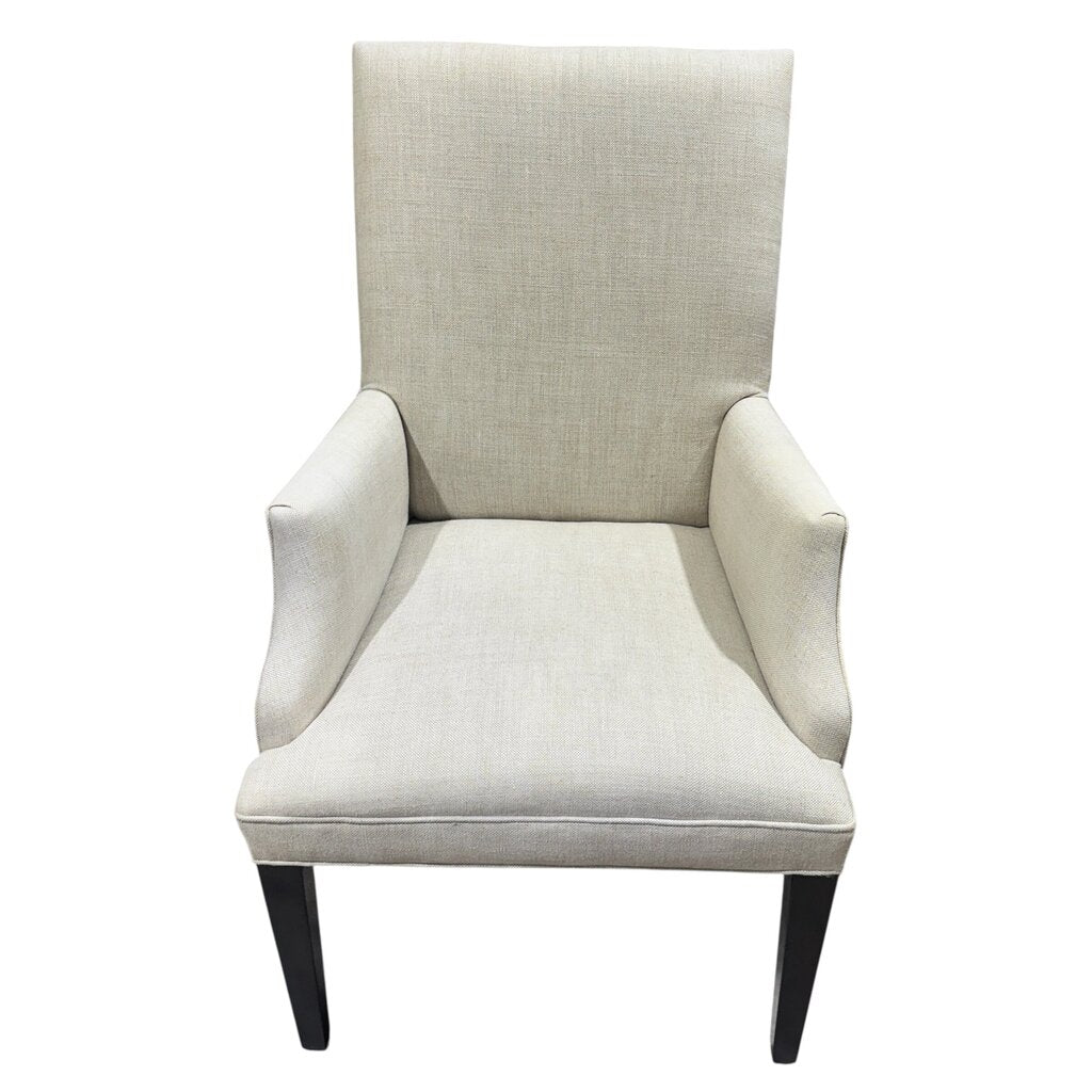 4 Restoration Hardware Hudson Parsons Fabric Dining Arm Chairs Color Dune Performance Textured Two-Tone Linen Fabric Brown Oak Drifted Finish