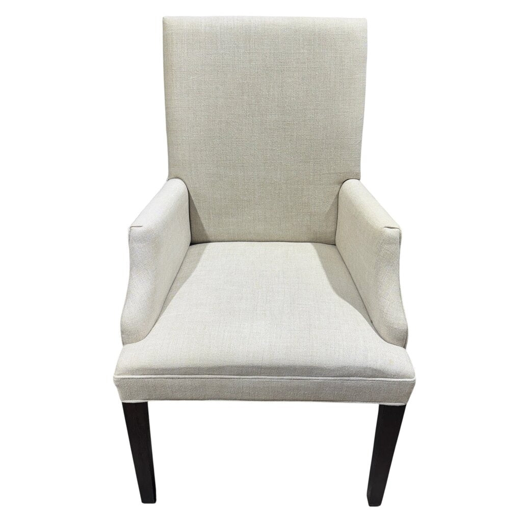 4 Restoration Hardware Hudson Parsons Fabric Dining Arm Chairs Color Dune Performance Textured Two-Tone Linen Fabric Brown Oak Drifted Finish
