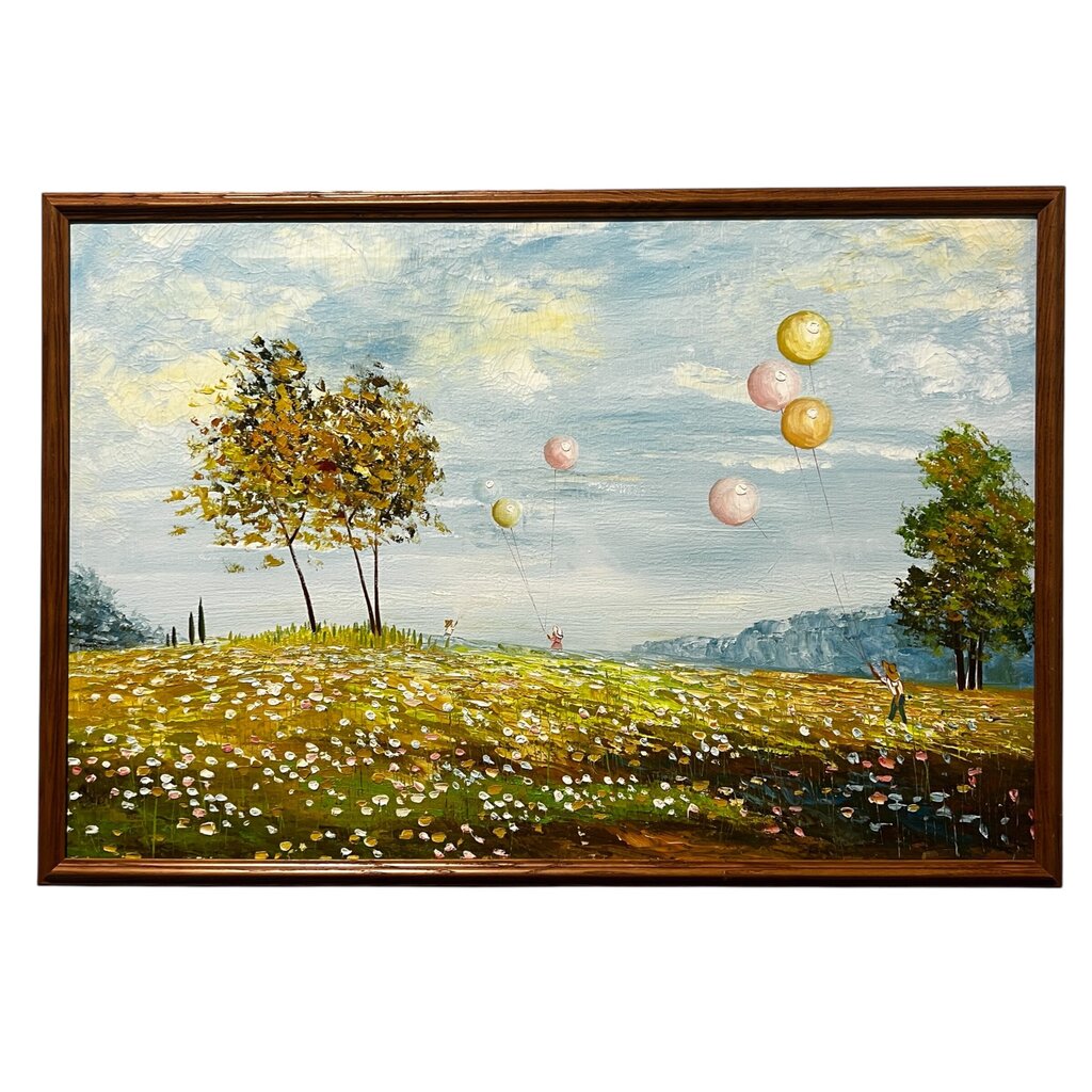 Vintage European Children Flying Large Balloons in the Meadow Framed Oil Painting on Canvas Signed Scott 38"Wx26"H
