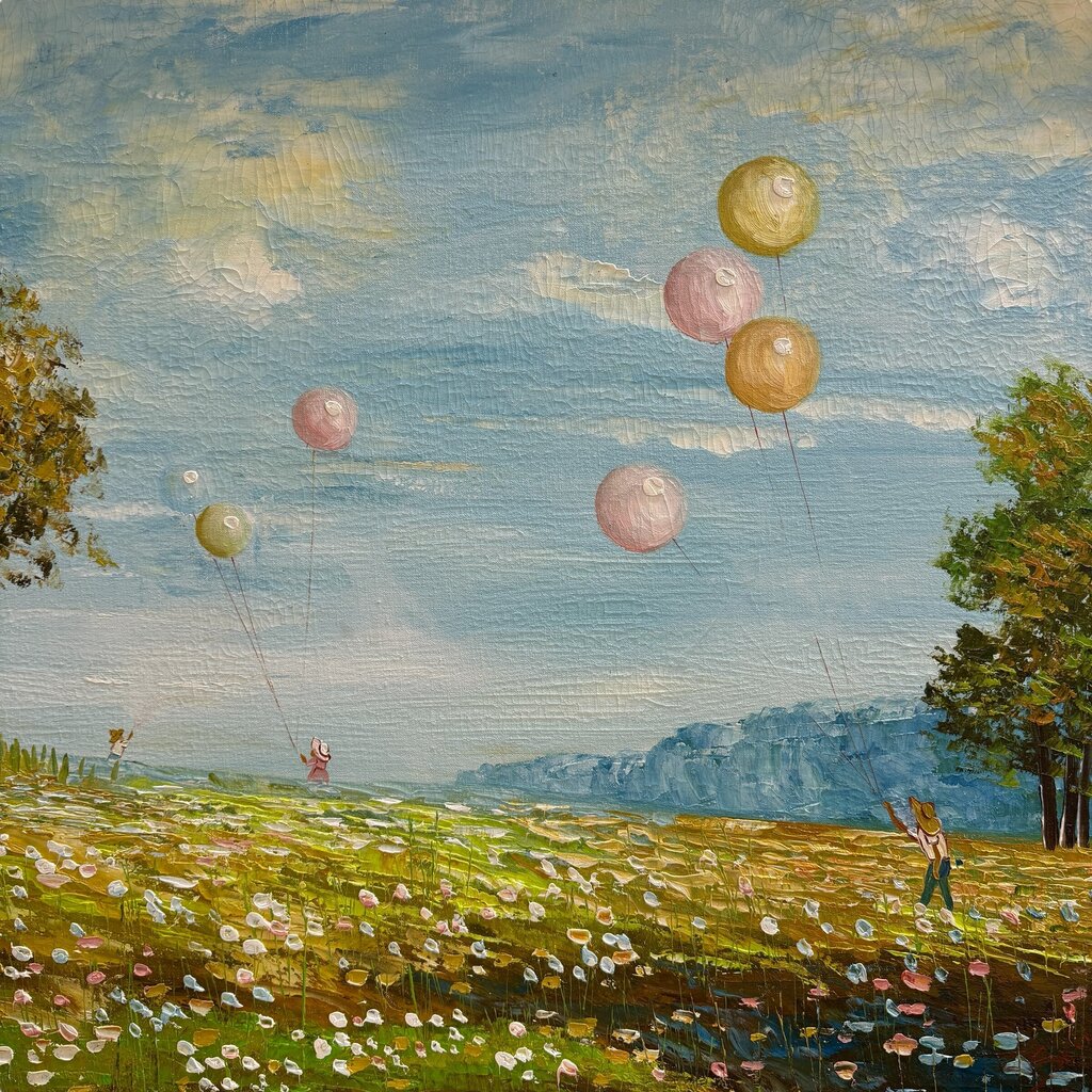 Vintage European Children Flying Large Balloons in the Meadow Framed Oil Painting on Canvas Signed Scott 38"Wx26"H