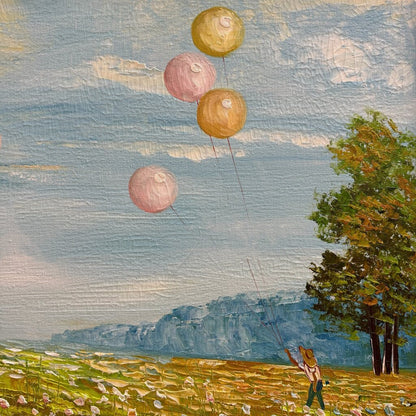 Vintage European Children Flying Large Balloons in the Meadow Framed Oil Painting on Canvas Signed Scott 38"Wx26"H
