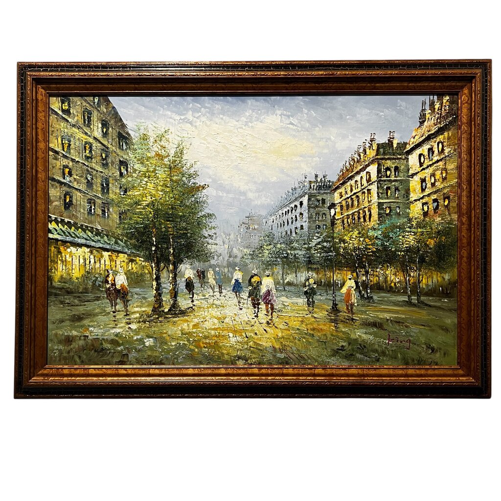 Midcentury Parisian Street Scene Framed Oil Painting on Canvas Signed King 42"Wx30"H