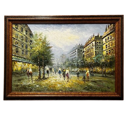 Midcentury Parisian Street Scene Framed Oil Painting on Canvas Signed King 42"Wx30"H