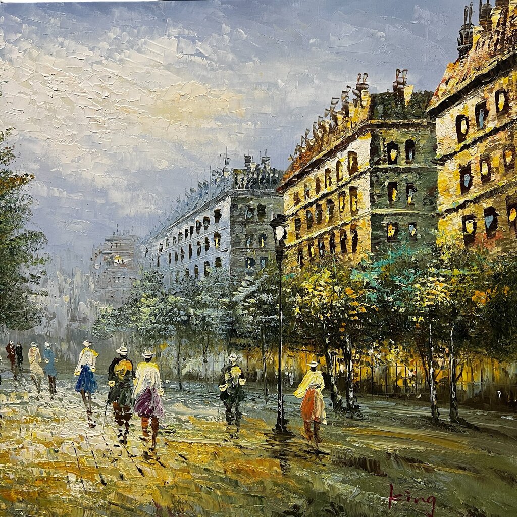 Midcentury Parisian Street Scene Framed Oil Painting on Canvas Signed King 42"Wx30"H
