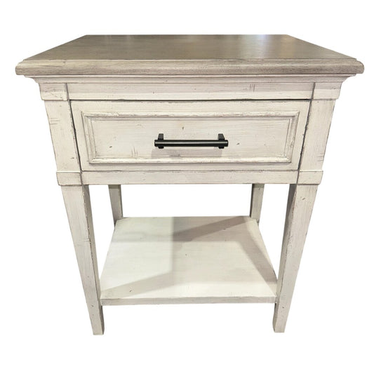 Bassett Bella Aged Whitestone Bedside Table Nightstand w/ Powerstrip Outlet 24” L x 19” W x 29.5” H