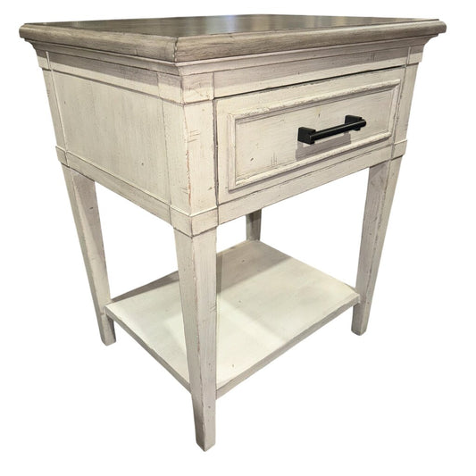 Bassett Bella Aged Whitestone Bedside Table Nightstand w/ Powerstrip Outlet 24” L x 19” W x 29.5” H