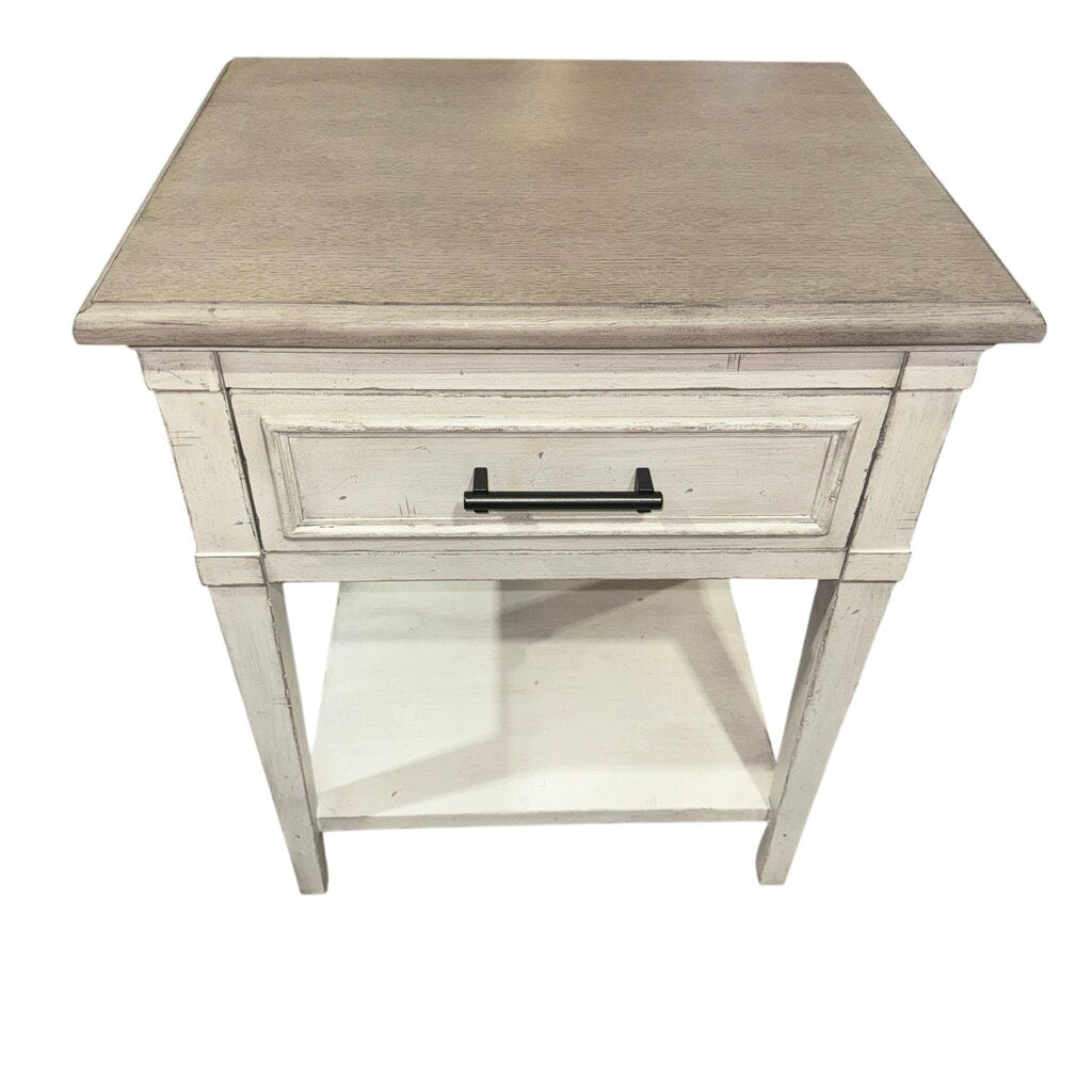 Bassett Bella Aged Whitestone Bedside Table Nightstand w/ Powerstrip Outlet 24” L x 19” W x 29.5” H