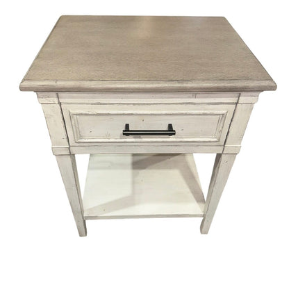 Bassett Bella Aged Whitestone Bedside Table Nightstand w/ Powerstrip Outlet 24” L x 19” W x 29.5” H