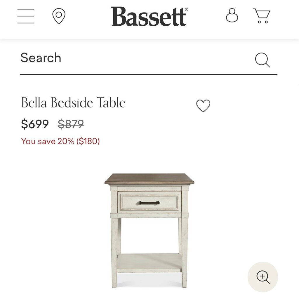 Bassett Bella Aged Whitestone Bedside Table Nightstand w/ Powerstrip Outlet 24” L x 19” W x 29.5” H