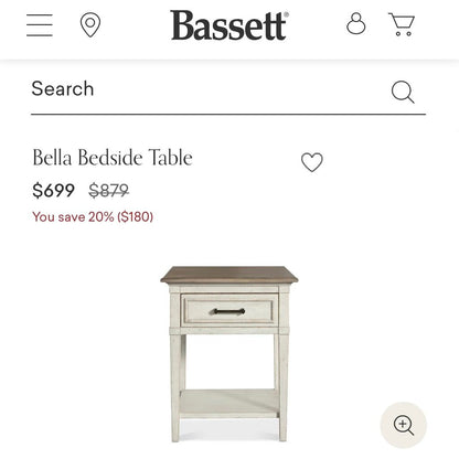 Bassett Bella Aged Whitestone Bedside Table Nightstand w/ Powerstrip Outlet 24” L x 19” W x 29.5” H