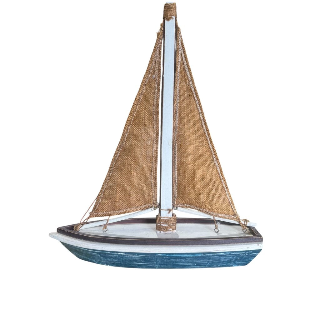 Coastal Decor Solid Wooden Sailboat w/ Linen Sails 15Lx6Wx18H
