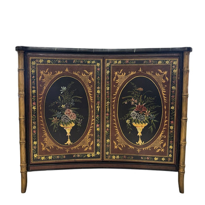 Black Hand-painted Floral Motif 2 Door Console w/ Faux Bamboo Legs 42Lx20Wx37H