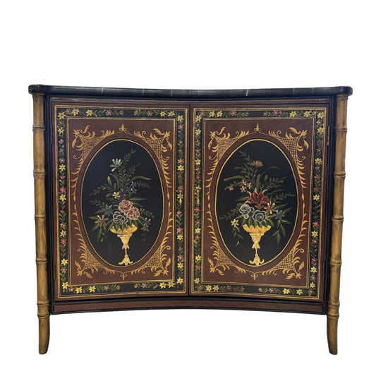 Black Hand-painted Floral Motif 2 Door Console w/ Faux Bamboo Legs 42Lx20Wx37H