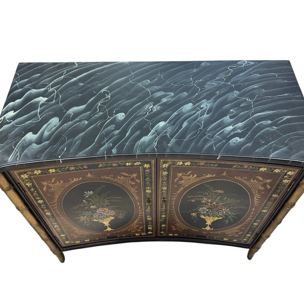 Black Hand-painted Floral Motif 2 Door Console w/ Faux Bamboo Legs 42Lx20Wx37H