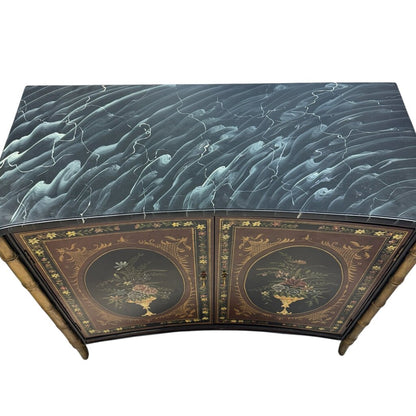 Black Hand-painted Floral Motif 2 Door Console w/ Faux Bamboo Legs 42Lx20Wx37H