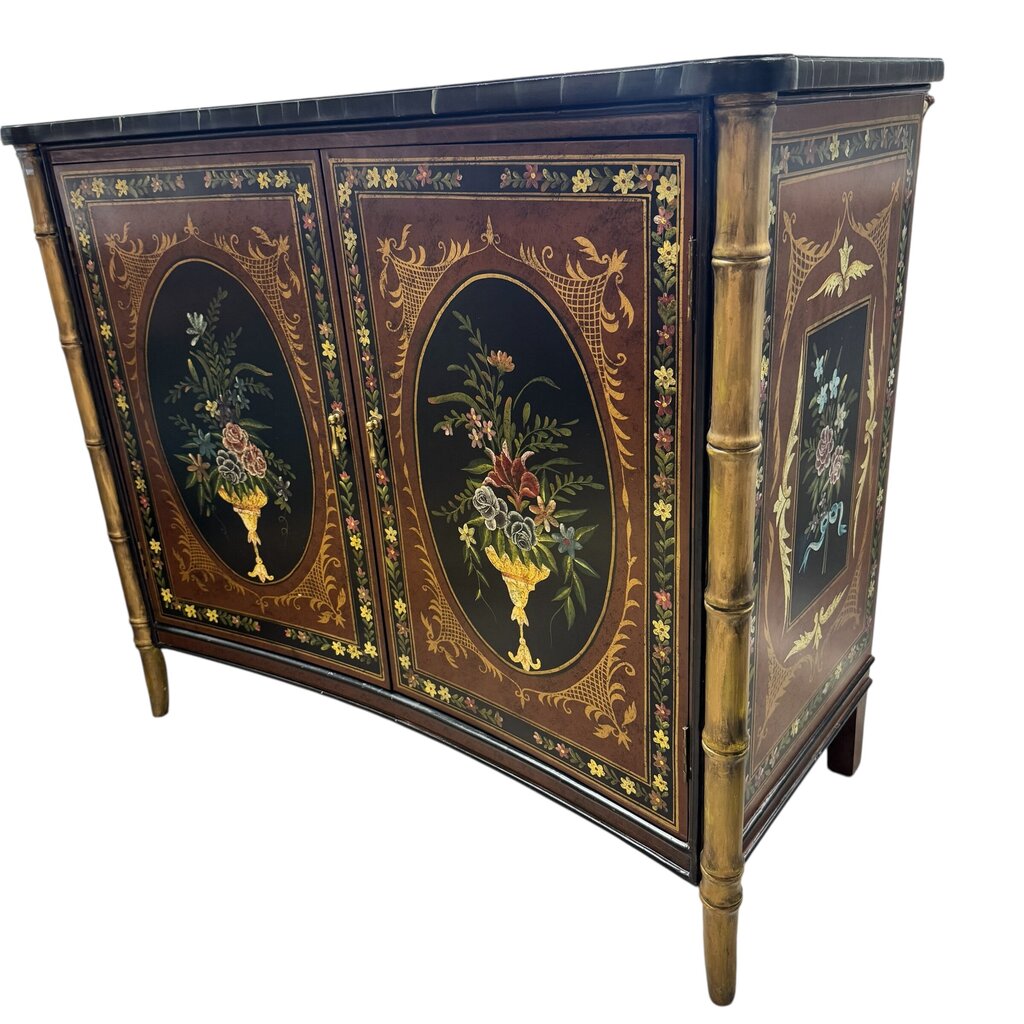 Black Hand-painted Floral Motif 2 Door Console w/ Faux Bamboo Legs 42Lx20Wx37H