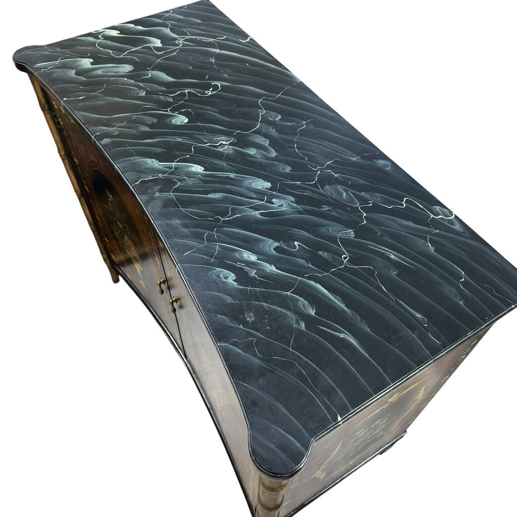 Black Hand-painted Floral Motif 2 Door Console w/ Faux Bamboo Legs 42Lx20Wx37H