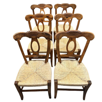 Hand Carved Solid Wood Chairs w/ Rush Seats & Blue Overlay Cushions