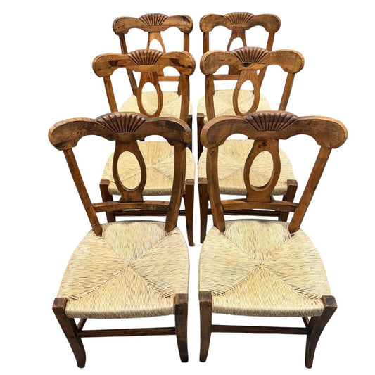 Hand Carved Solid Wood Chairs w/ Rush Seats & Blue Overlay Cushions