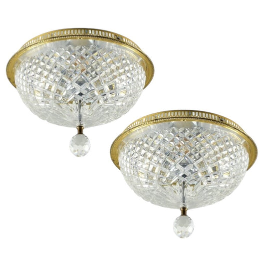 PAIR of Vintage Irish Waterford Crystal Brenda Cut 13" Brass Flush Mount Light Fixtures