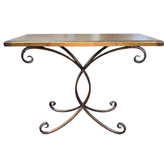 Uttermost Console Table Distressed Red Top w/ Gold Gilt Overlay & Iron Base 43Lx19Wx33H