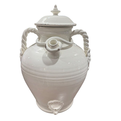Large White Glazed Lidded Italian Vase w/ Faces Handles & Pouring Spout 11x11x17.5"