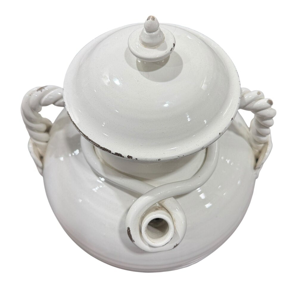 Large White Glazed Lidded Italian Vase w/ Faces Handles & Pouring Spout 11x11x17.5"