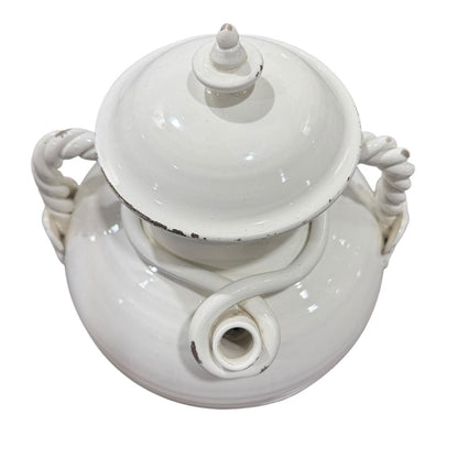 Large White Glazed Lidded Italian Vase w/ Faces Handles & Pouring Spout 11x11x17.5"